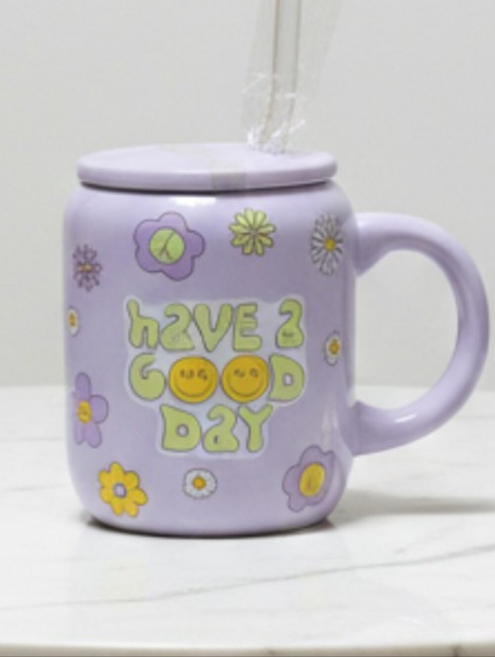 Have a Good Day Lavender Ceramic Mug with Lid and Straw